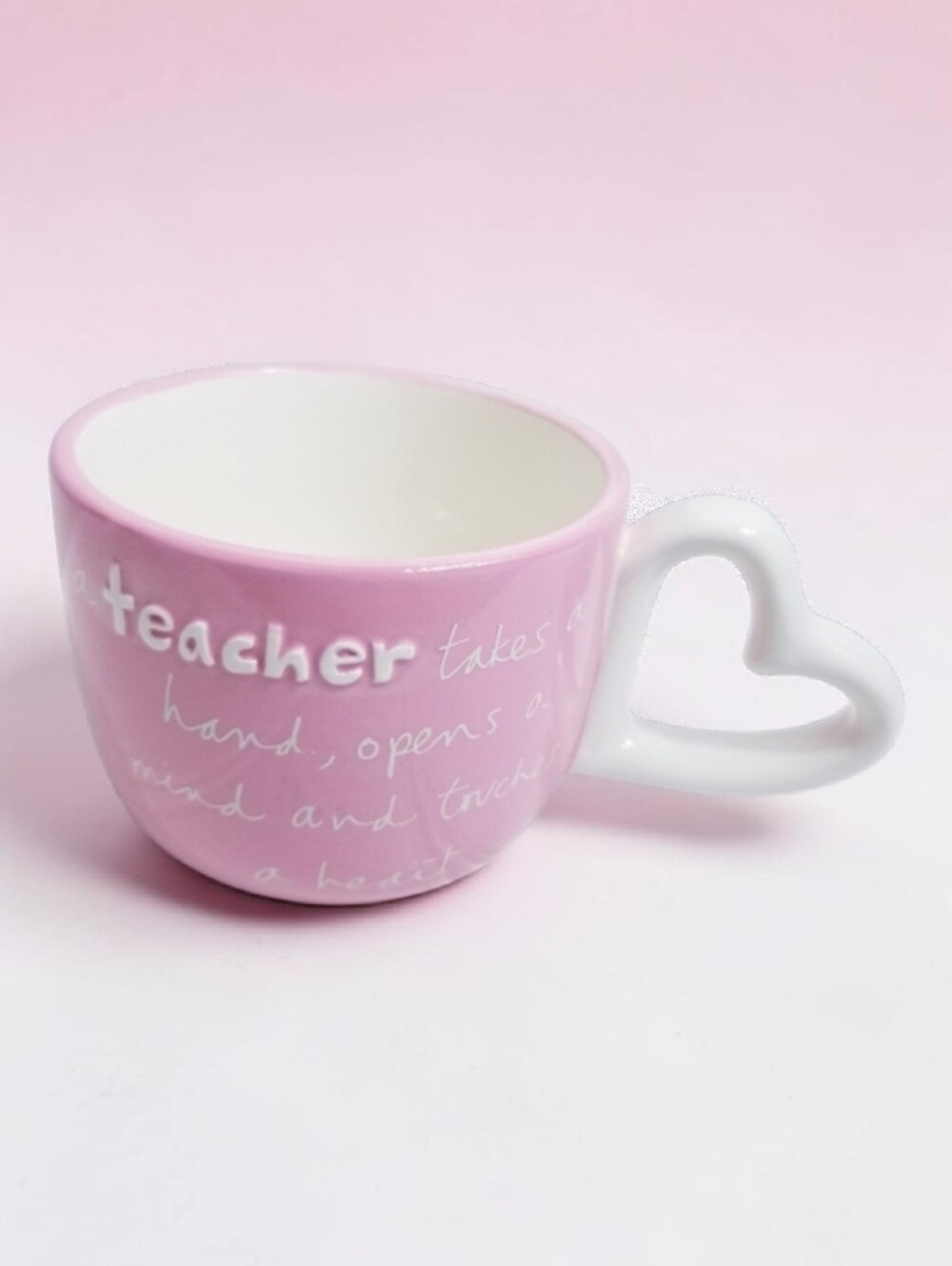 Sandra Magsamen Teacher Inspirational Heart Handle Ceramic Coffee Mug Pink White